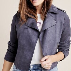 Anthropologie Woman Gray Faux Suede Moto Jacket LARGE Bikercore Classic Preppy